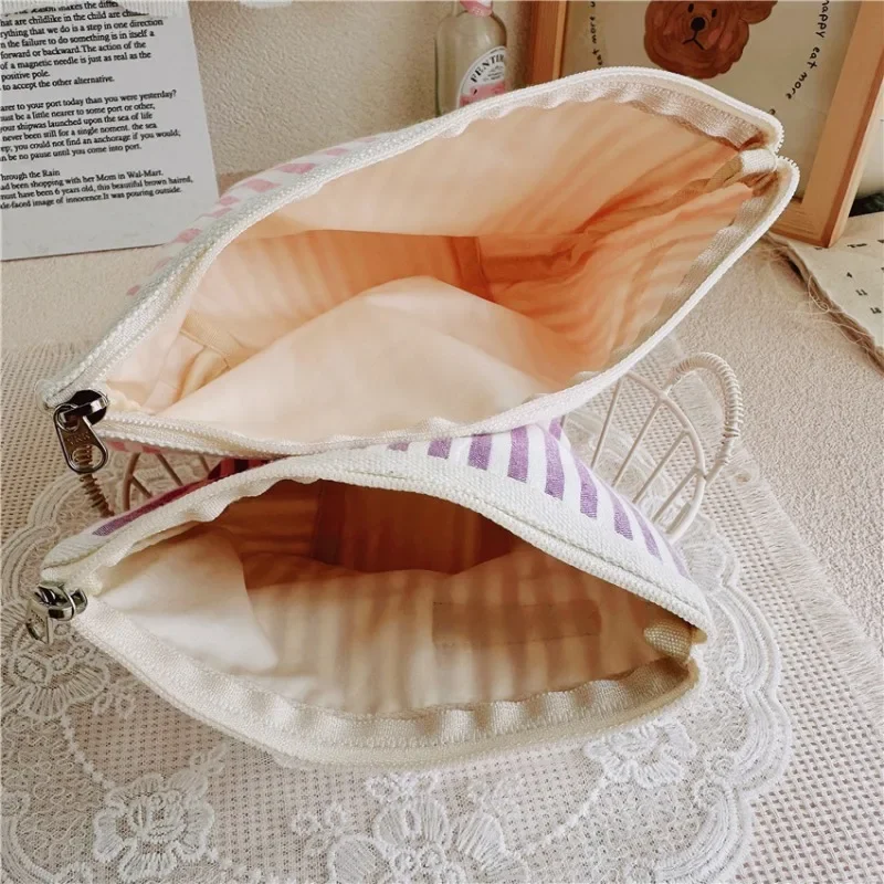 Candy Color Blocking Stripe Canvas Cosmetic Bag Daily Portable Clutch Makeup Pouch Lipstick Key Earphone Organizer Coin Purse