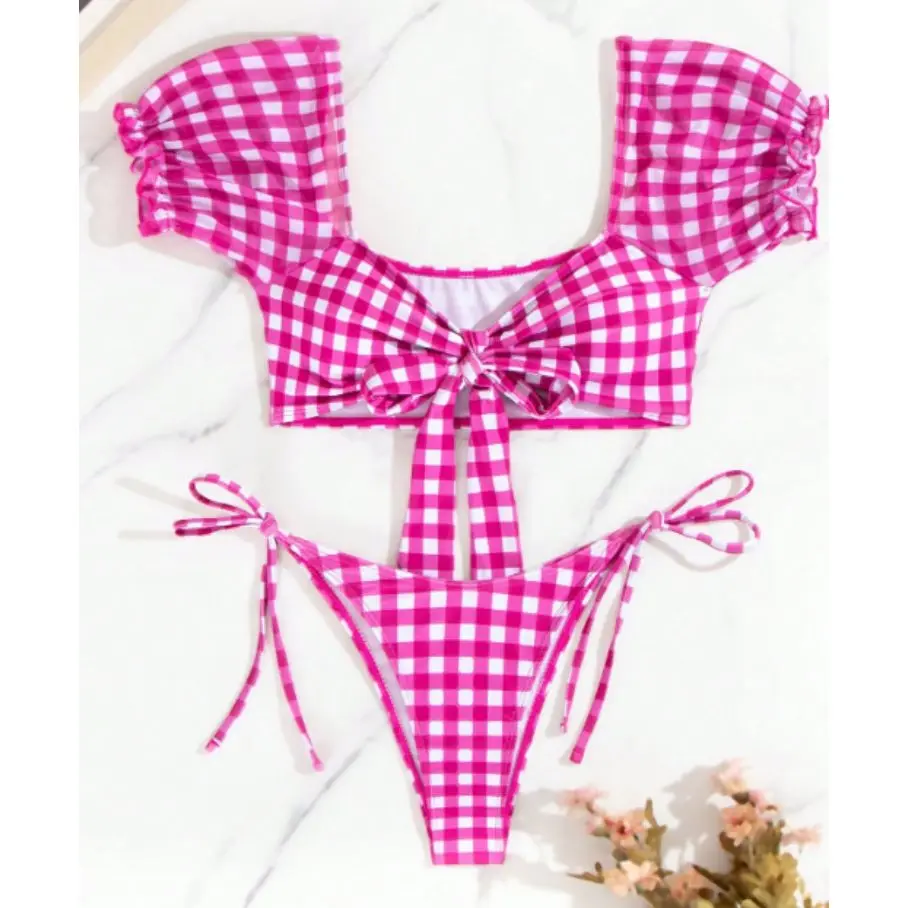 Cikini Women's Pink Plaid Short Sleeve Bikini Set, Swimwear Bathing Suit Beach Outfit Summer Vacation, Summer Beach Top