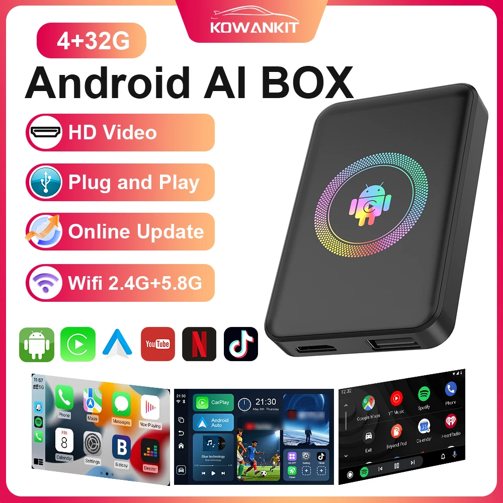 2026 Android 14 4+64G Wireless CarPlay Ai Box Kowankit Smart 5 in 1 HDMI Plug & Play Android Auto Car Tv Box For Netflix YouTube