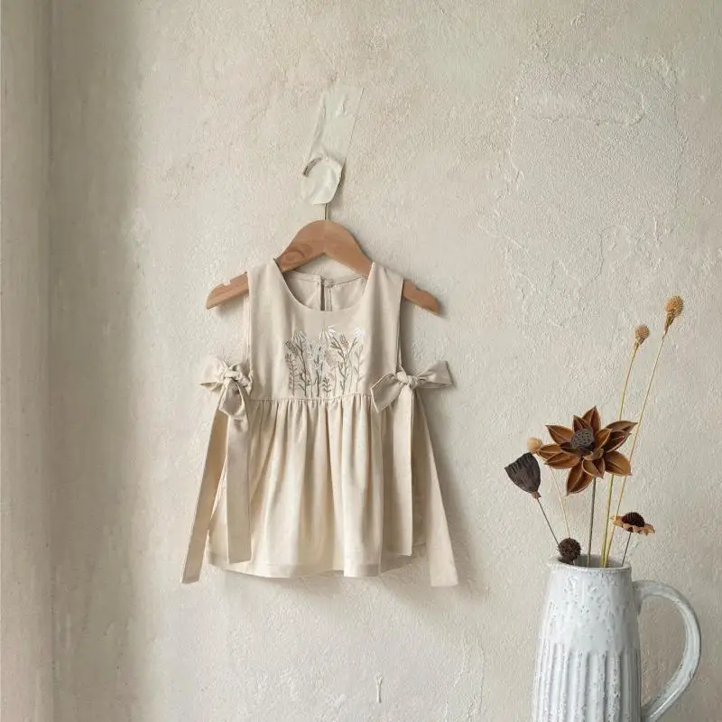 2026 Summer New Baby Girl Sleeveless Bow Tie Vest Dress Cute Girls Flower Embroidery Princess Dress Cotton Toddler Clothes