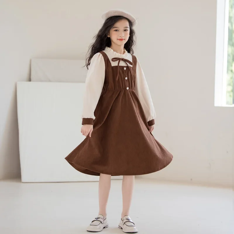 Girls Princess Dress 2024 Autumn Fake Two-piece Ruffle School Teenage Children Clothes Corduroy Patchwork Kids Casual Dresses 14