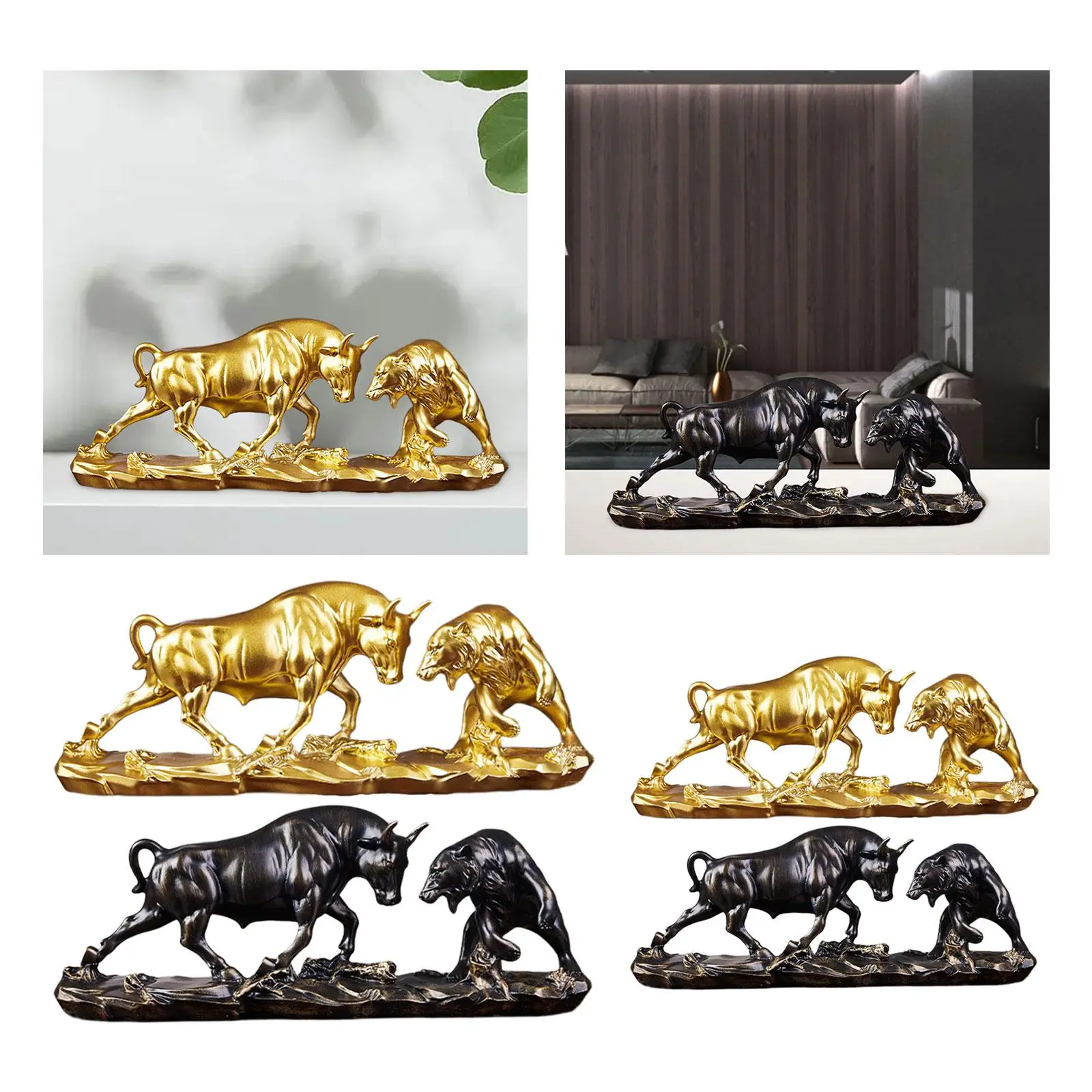 Bull and Bear Fight Figurine Lifelike Feng Shui Bear and Bull Statue Cow Sculptures for Bookcase Home Desk Shelf Business Gifts