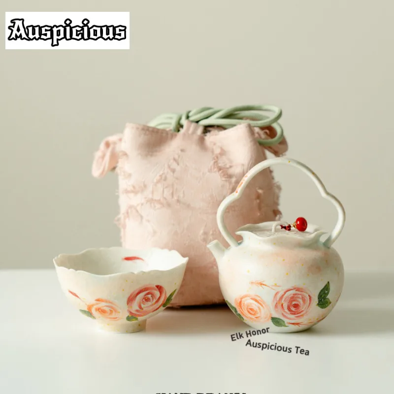 

Light Pink Hand-painted Rose Travel Tea Set Kit Handmade 1 Pot 1 Cups Tea Making Organizer Portable Outdoor Tote Bag Decoration
