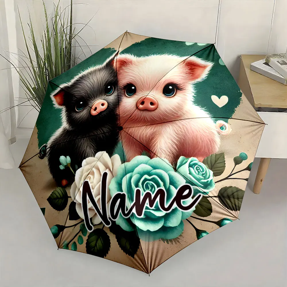 Custom Name Adorable Piglet Design Umbrella with Floral Accents Print 8 Iron Ribs Folding Umbrella Auto-Open Fashion Sunshade