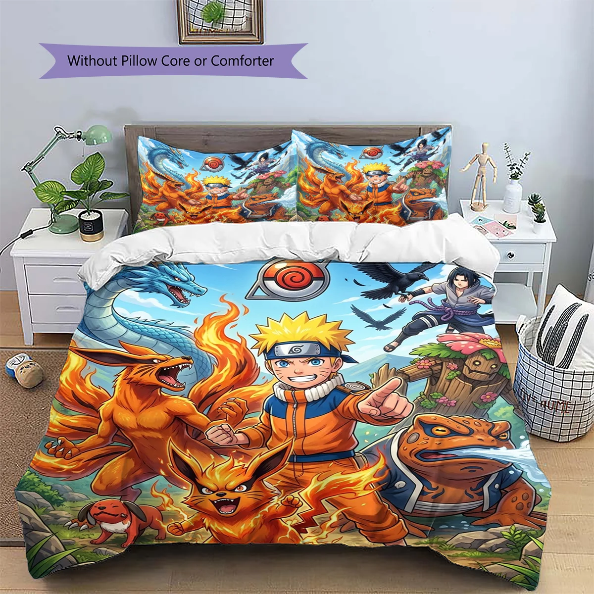 Naruto Patterned Pillowcase & Duvet Cover Set Anime Theme Decor Bedding Bedroom Home Decoration Fans Gift.-TING