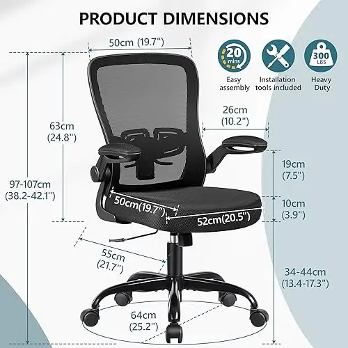 Office Chair Ergonomic Desk Chair with Adjustable Lumbar Support and Height, 90° Flip-up Armrests, Ergo Desk Chairs with Wheels,