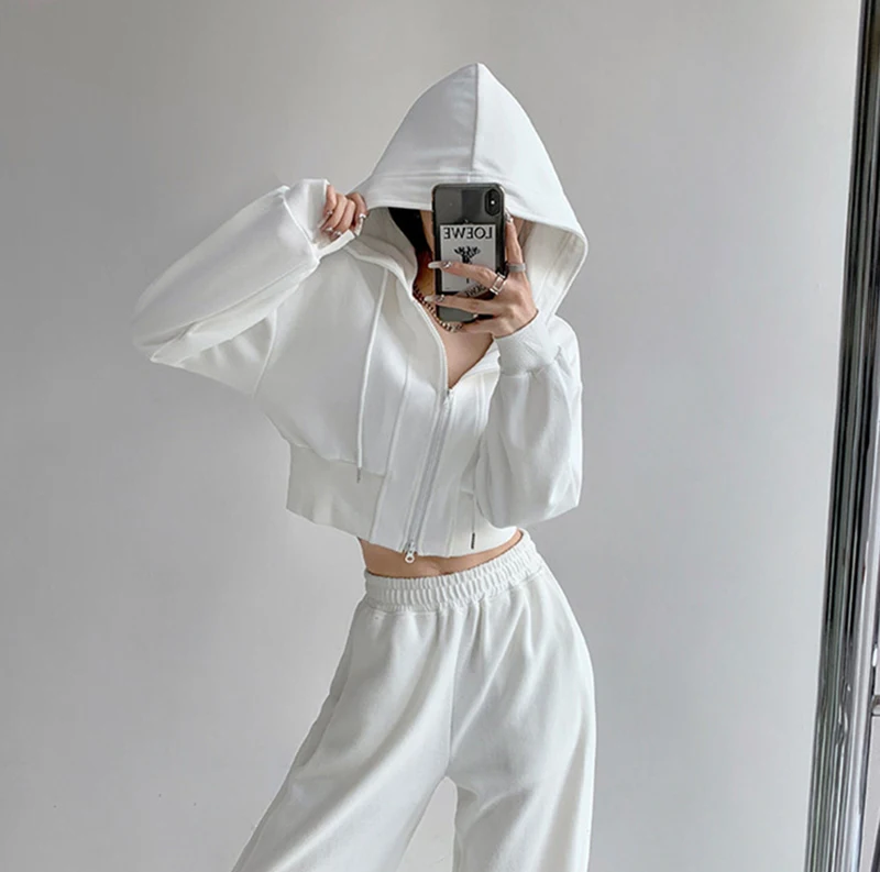 Women Cropped Hoodie Two Way Zipper Jacket Drawstring Hem Sweatshirt Slim Fit Long Sleeve Grey Athletic Yoga Gym Running Top