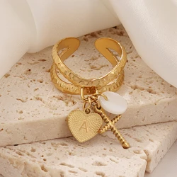 316L Stainless Steel Initial Letter Ring for Women 26 A-Z Letter Cross Pendant Open Rings Femme Jewelry