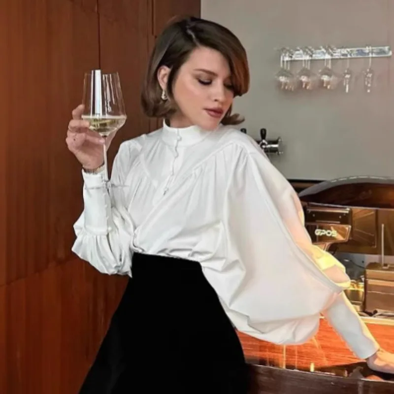 

Французская модная блузка с белым воротником-стойкой и рукавами-фонариками в дворцовом стиле, женская, с длинными рукавами