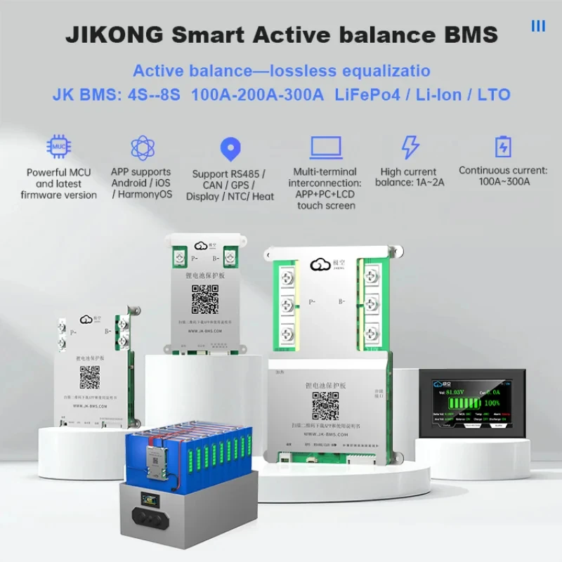 JIKONG JK-B1A8S20P Smart BMS 8S 24V 200A 1A Active Balancer for LiFePO4 Li-ion Battery Pack RS485 CAN APP Bluetooth