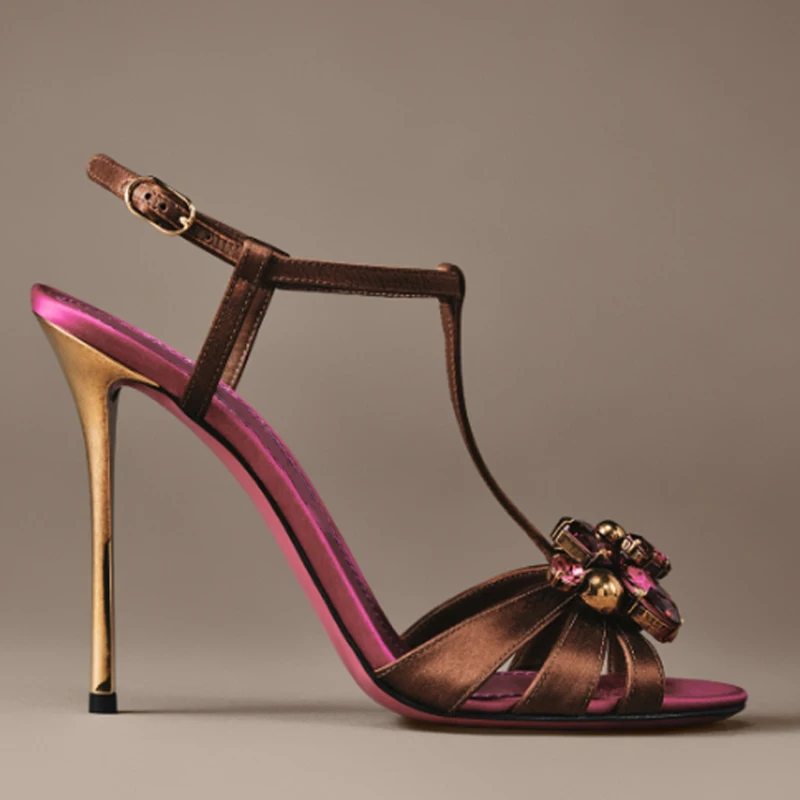 Floral Print Rose Pattern Gemstone Crystal Stiletto Sandals Woman Summer 2026 Open Toe T-Strap Slingback High Heel Party Shoes