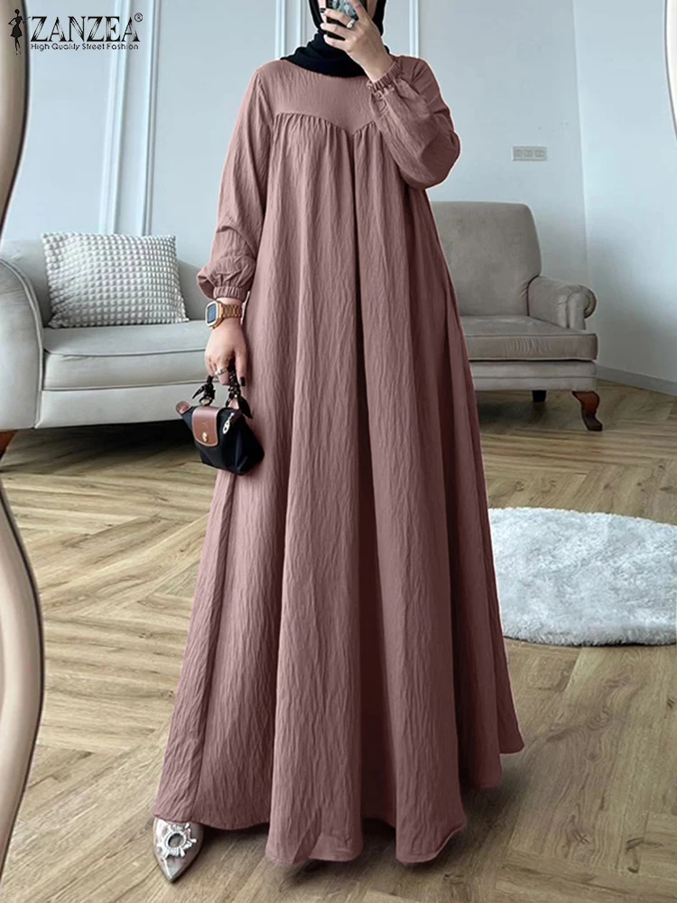 Eid Mubarek Muslim Abaya Hijab Dress ZANZEA Women Elegant Long Sleeve Solid Pleated Sundress Robe Femme IsIamic Clothing Kaftan