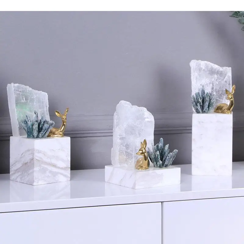 

Crystal Stone Copper Deer Crafts Ornaments Living Room Decoration Furnishings Brass Artwork Marble Base Statue