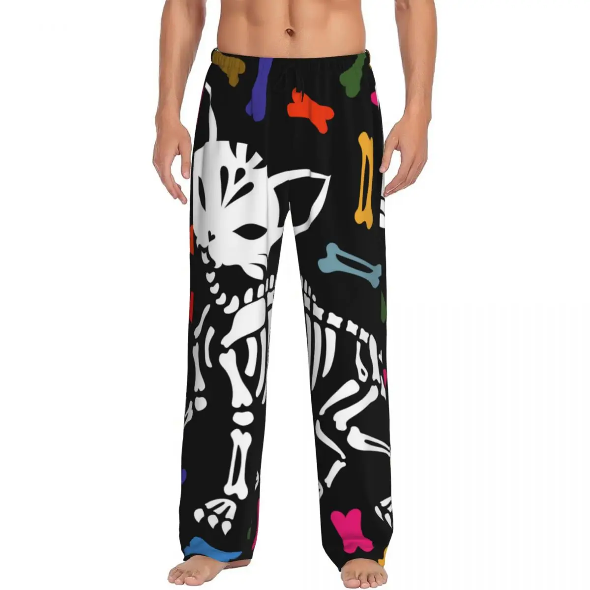 Lovely Cat Skeleton Day Of The Dead Pajama Pants Sleepwear for Men Elastic Waistband Sleep Lounge Bottoms with Pockets