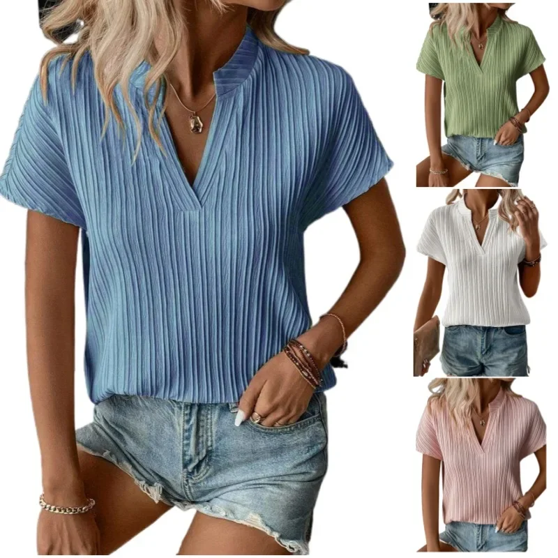 

Women Trendy Solid Striped V Neck Short Sleeve Tops Summer Office Lady Elegant Blouses Casual Loose Shirts Blusa Mujer Moda 2024