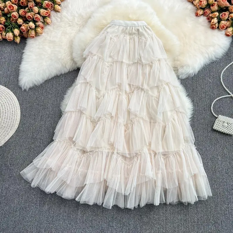 Spring Korean Tutu Tulle Long Skirts Womens Solid A Line High Waist Mesh Tiered Maxi Skirt Female Faldas Aesthetic