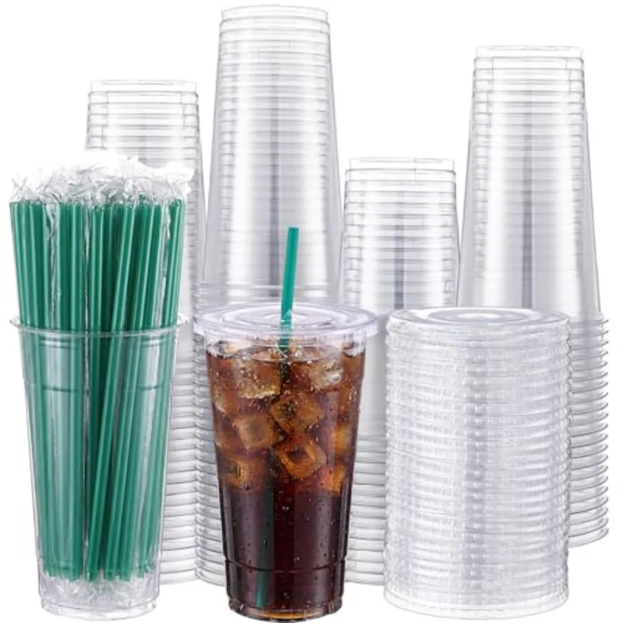 

Набор из 100 прозрачных пластиковых стаканов объемом 32 унции с плоскими крышками и трубочками, стаканы из ПЭТ-пластика с крышками и цветными трубочками, одноразовые стаканы для напитков