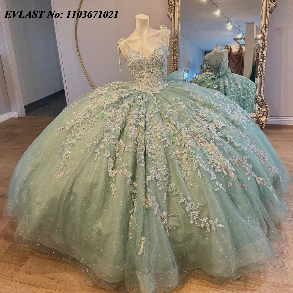 

EVLAST Sparkly Sage Green Quinnceanera Dress Ball Gown Shiny Floral Applique Beading Corset Sweet 16 Vestidos De 15 Anos SQ653