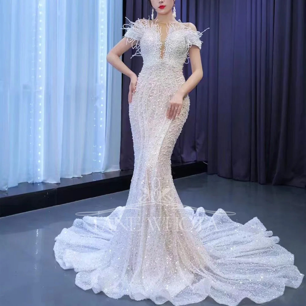

Bridal Robe Mariage O-Neck Off-Shoulder Lace-Up Back Beaded Sequined Sexy Mermaid Wedding Dress Customizable 2025 Style
