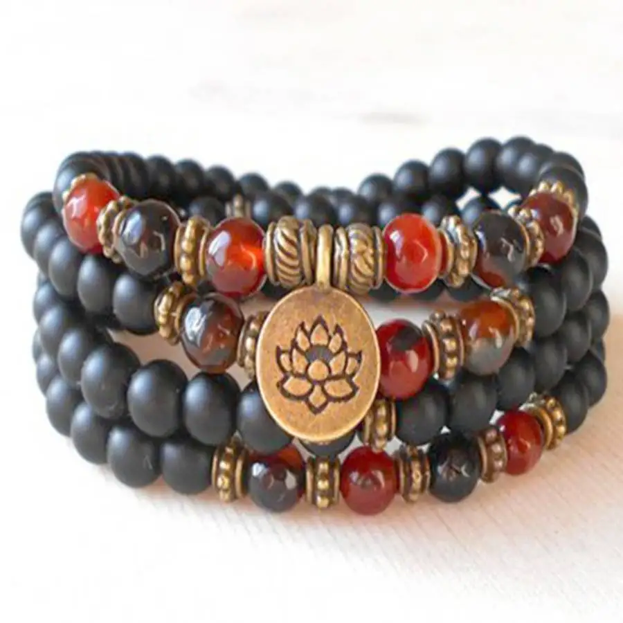 

8mm 108 Black Onyx Buddha beads Lotus Pendant Bracelet Stone Chakra Sacred Nirvana Chaplet Yoga Bodhi Hand Buddhist tassel