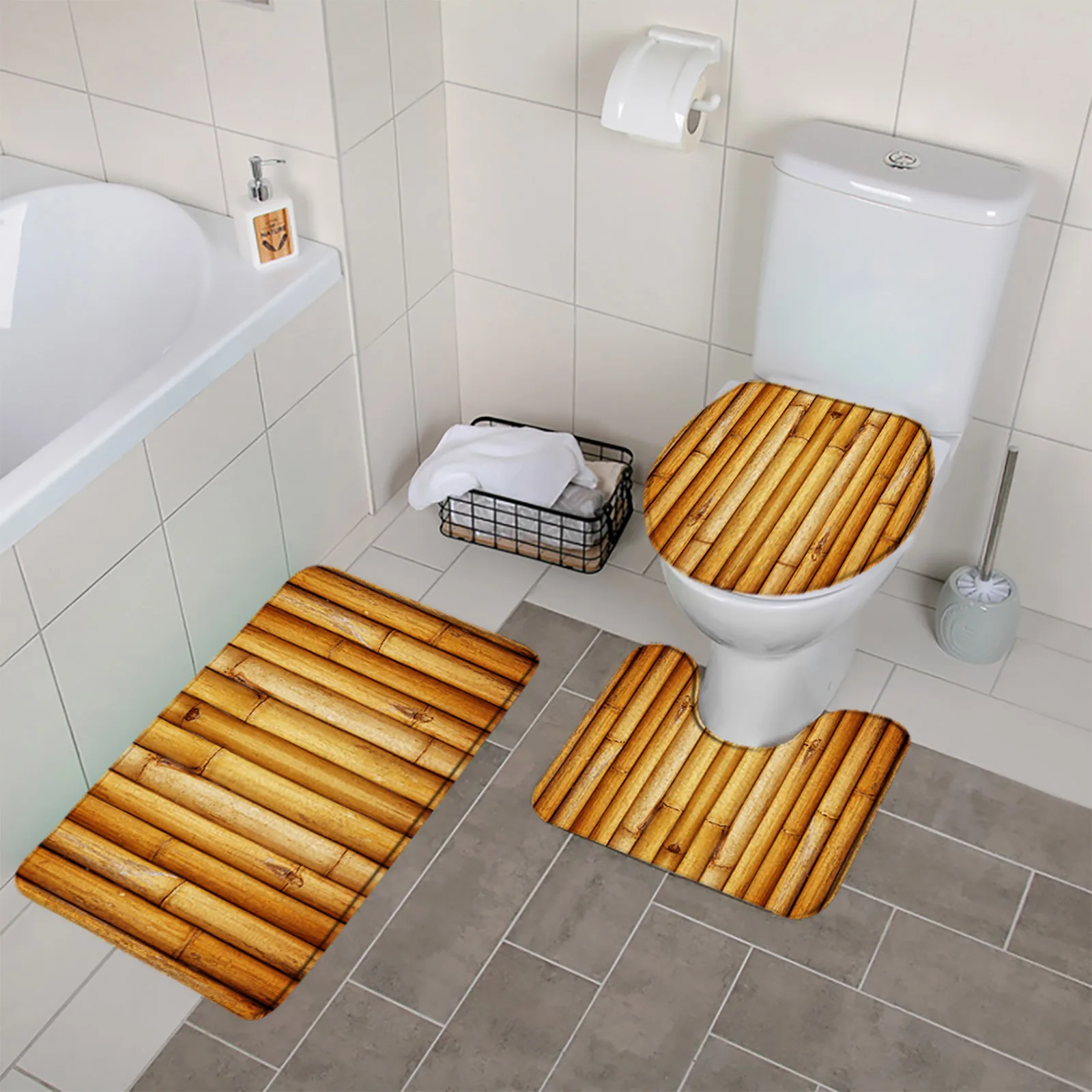 Bamboo 3pcs Bathroom Mat Sets Rural Barn Door Wood Grain Vintage Shower Rugs Carpet Toilet Lid Cover Anti Slip Bathroom Decor