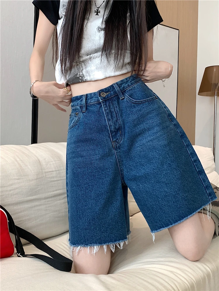 Benuynffy Korean Fashion Bows Raw Hem Denim Shorts Women's Summer High Waist Loose Casual Wide Leg Half Pants Vintage Bottoms