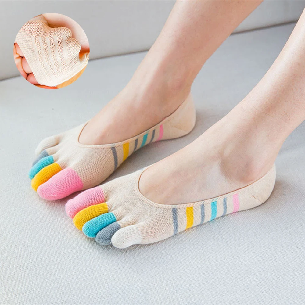 1 Pairs Colorful Five Finger Boat Socks Women Non-slip Thin Plain Weave Invisible Shallow Mouth Cotton Sweat Absorbent Toe Socks