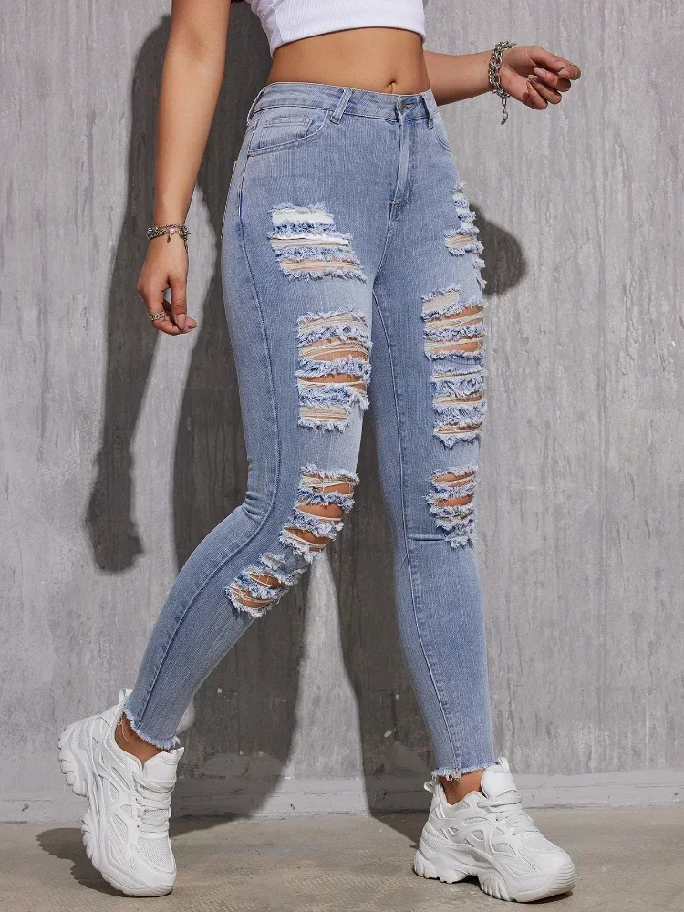 

Women Ripped Jeans Cotton Skinny Stretch Lady High Waist Hole Denim Pants Fashion Solid Color Sexy Pencil Trousers