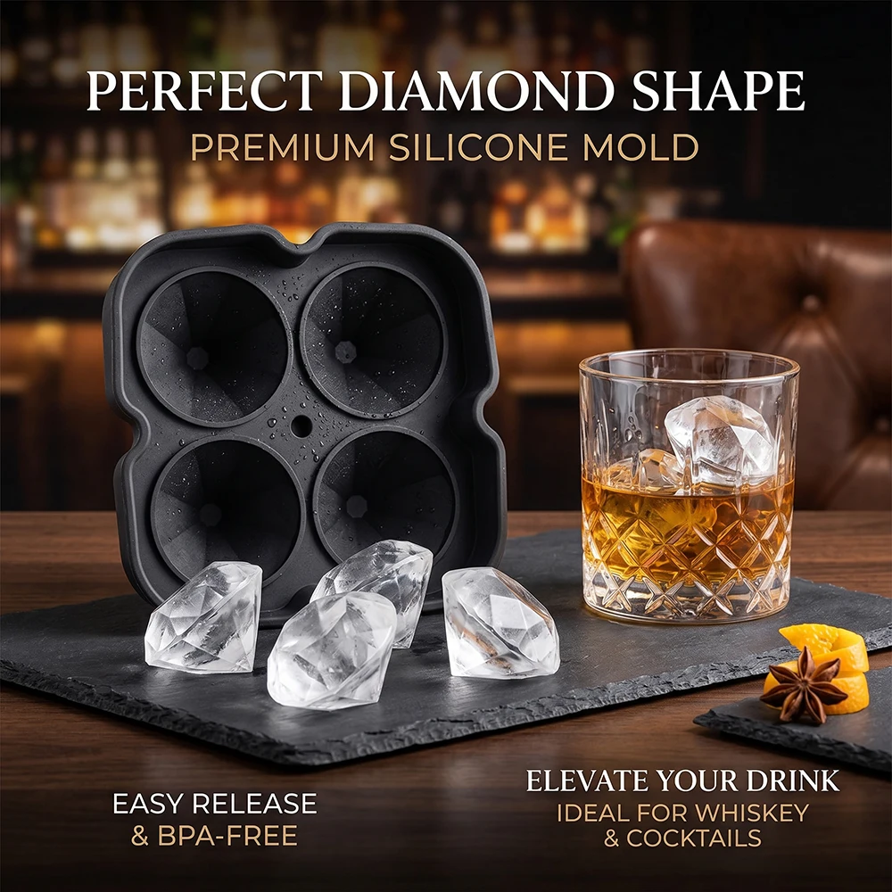 4-cavity diamond shaped silicone mold for making ice trays, suitable for cooling whiskey and cocktail drinks, reusable ice mold