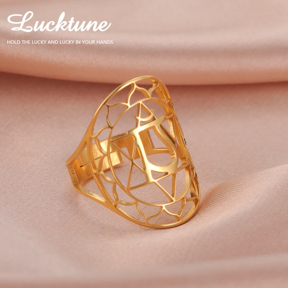 Lucktune Hinduism Heart Chakra Ring for Women Men Stainless Steel Anahata Amulet Geometry Adjustable Finger Ring Vintage Jewelry