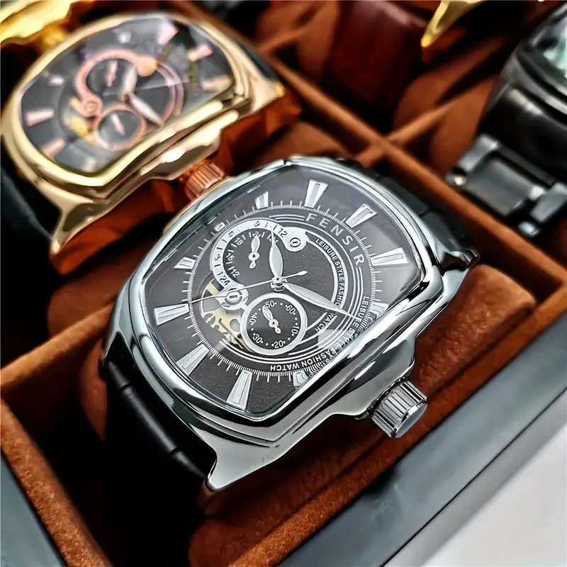 

New Stylish and Luxurious Men's Watch, Business Punk Style, Barrel-Shaped Large Dial, Calendar Function, Leather Strap Quartz Watch, Suitable for Male Students - Ideal for Fashion Parties and Gifts, Christmas, Graduation Season