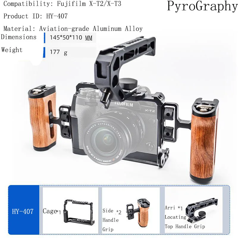 

PyroGraphy X-T2/X-T3 Cage Kit Handheld Shooting Kit with Full Cage Arri Locating Top Handle Wooden Side Handle for Fujifilm X-T3