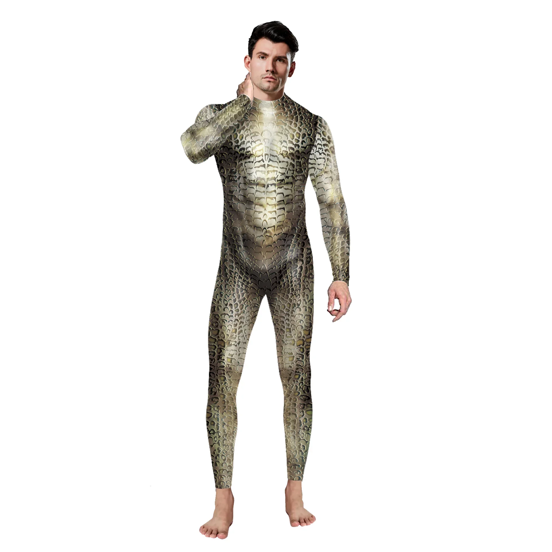 Teanoon  Crocodile Printed Cosplay Costume 12% Spendex Men Zentai Bodyuist Halloween Holiday Party Jumpsuit Disguise Suit