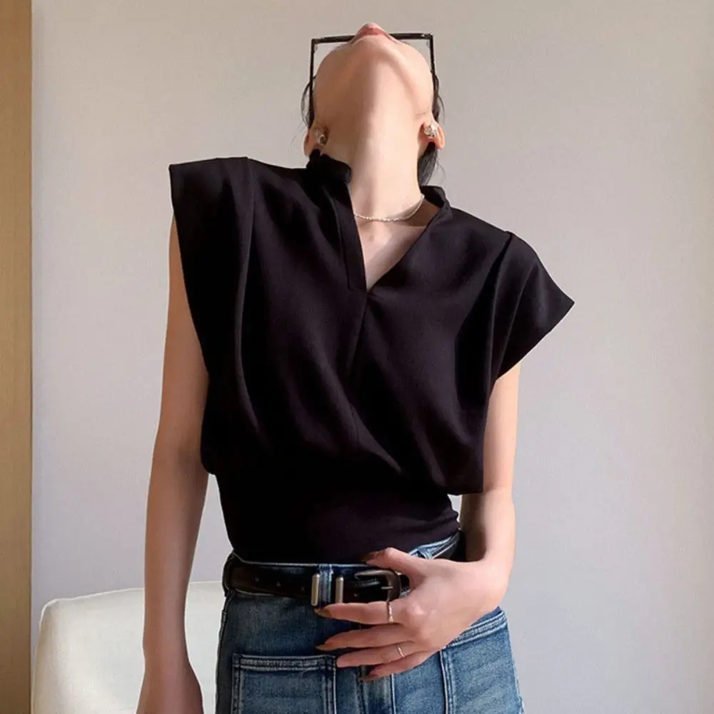 

Fashion V-neck Flip Collar T-shirt Y2K Wide Shoulder Sleeveless Crop Top Slim Fit Korean Style Basic Tees Shirts Women Beach