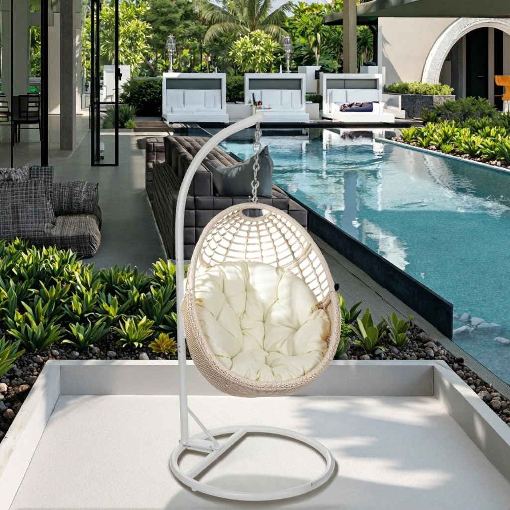 Patio Ceiling Swings White Metal Egg Rattan Swing Chair Hanging Chair With Metal Stand