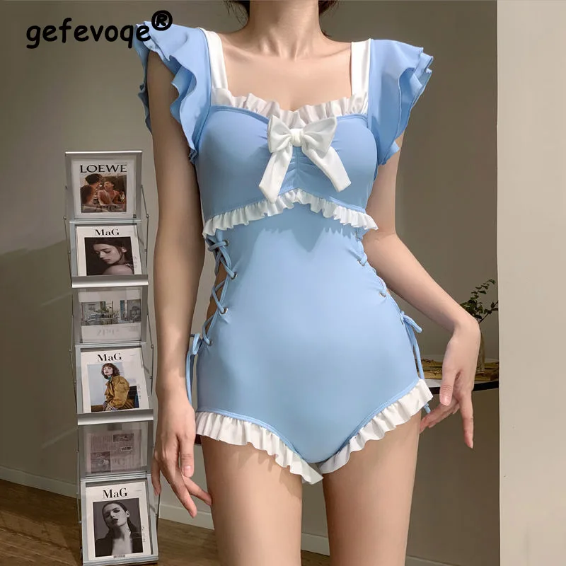 Korean Girl Summer Sweet Bow Ruffles Patchwork High Waist Swimsuit Women Sexy Push Up Slim Beach Wear Bathing One Piece Swimwear image 2