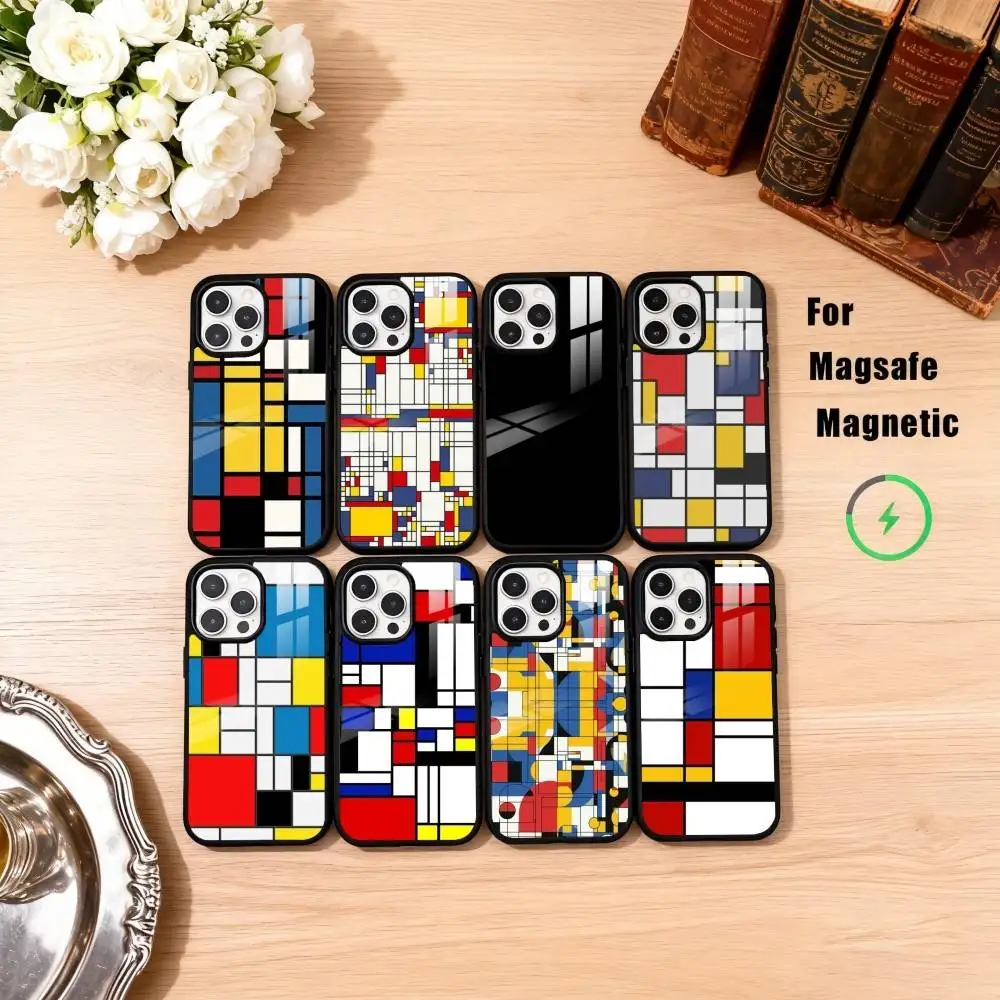 

Grid T-TOPLBPCS M-Mondrian Phone Case For iPhone17,16,15,14,13,12,11 Plus,Pro Max Magnetic For Magsafe Wireless Charging