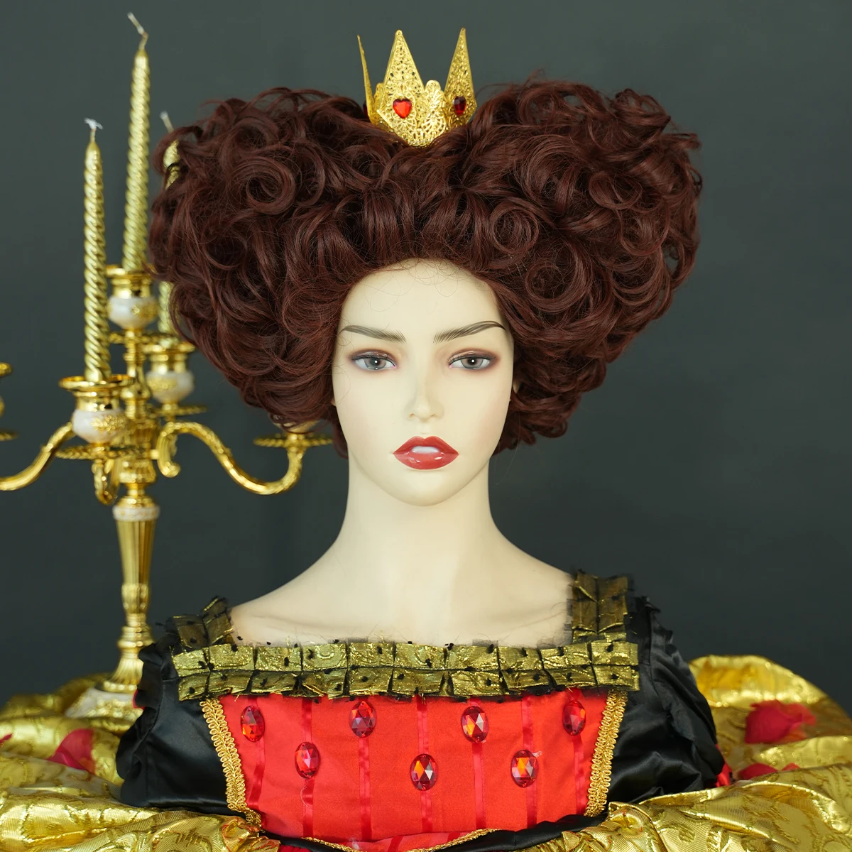 7JHH WIGS New Royal Red Queen Wig Dark Red Short Curly Hair Synthetic Heart Cosplay Wigs Halloween Costume Party Wig