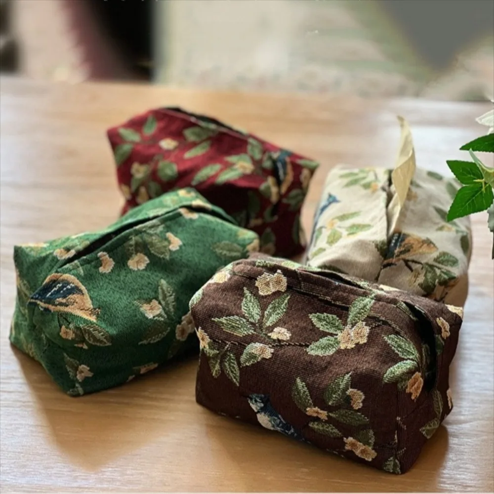 Portable High Quality Retro Flower Pattern Tissue Bag Foldable Jacquard Tissue Storage Box Polyester Household Napkin Holder