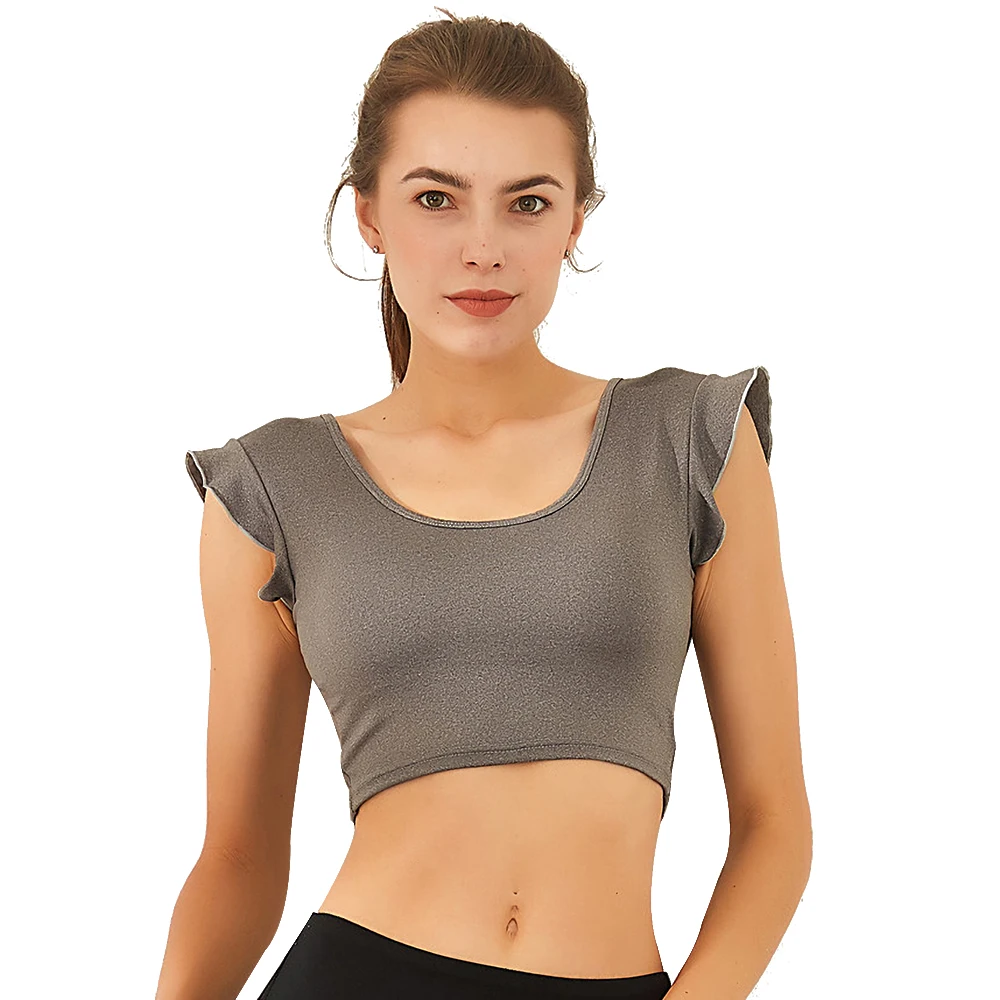 Sports Wear For Women Gym Crop Top Push Up Nylon Ruffle Wireless Yoga Underwear Workout Running Dance Short-Sleeve Fitness Bra