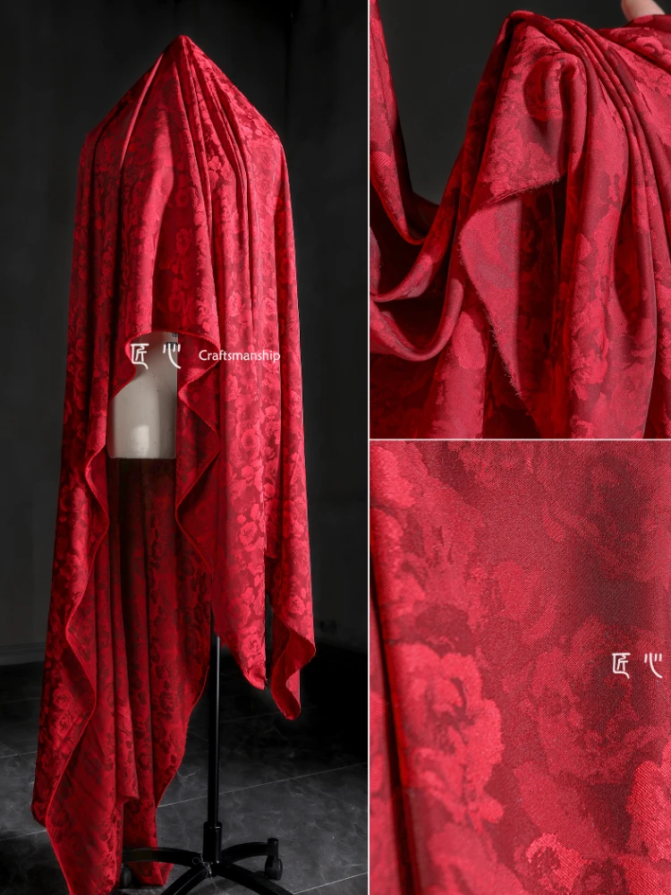 Fabric Wide148cmx50cmBlended Red Geometric Pattern Jacquard Silk Exquisite Yarn-Dyed DIY Cheongsam Shirt Skirt Spring and Summer