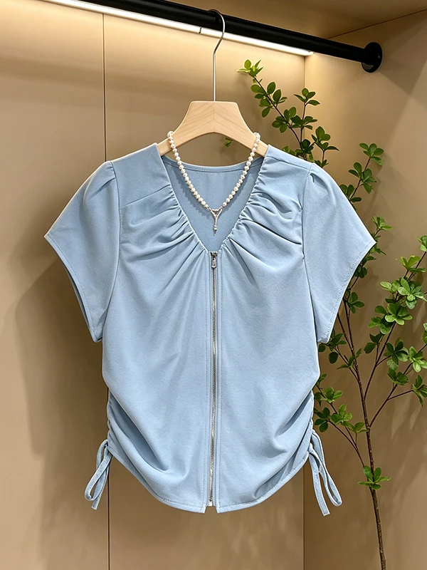 

Blue Zipper Short Sleeve Shirt Women's plus Size Summer New Design Sensation Small Audience Waist Cinch Slimming Top