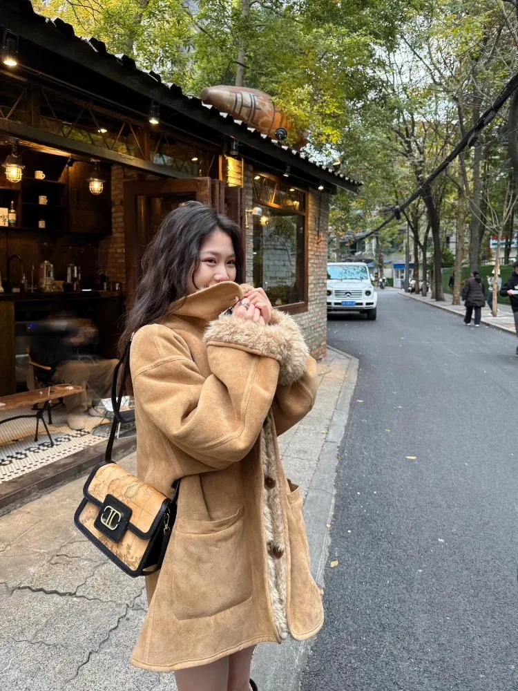 Płaszcze z pluszu zapinane na jeden guzik, imitacja futra jagnięcego, dwustronne noszenie, kurtki ze sztucznego futra, skóra i futro, luźne, ciepłe, khaki, futrzane kurtki, puszyste, luksusowe.