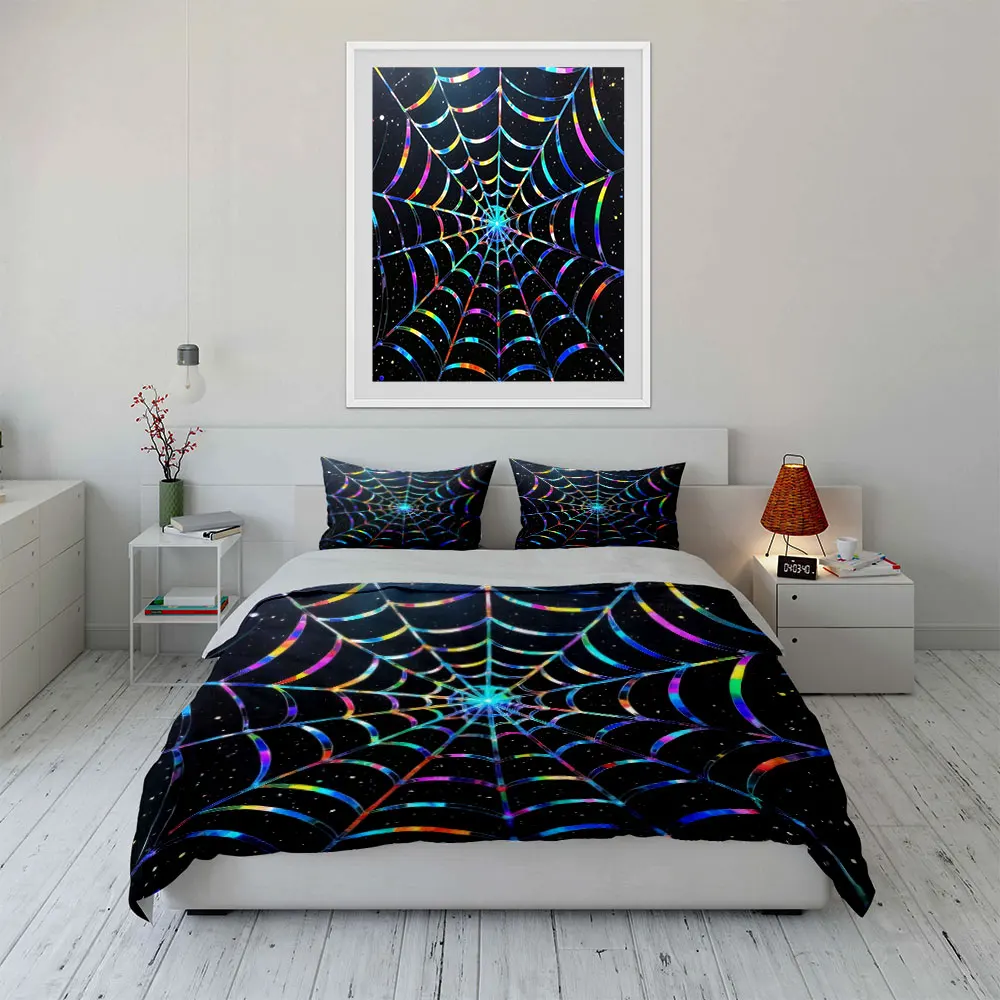 

Holographic Spiderweb Party Decorations Bedding Set with 1 Duvet Cover 2 Pillowcases Single Double King Queen, Gift