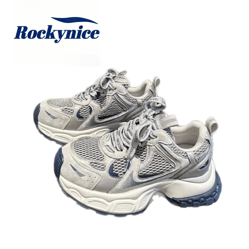 Women's Dad Shoes Spring Autumn Genuine Leather Chunky Sneakers Thick Bottom Casual Shoes Breathable Mesh Running Sports Shoes