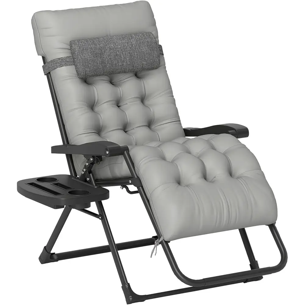 

Gray Reclining Zero Gravity Lounge Chair with Padded Cushion and Side Tray, Suitable for Indoor & Outdoor Use, Supports Up to 26