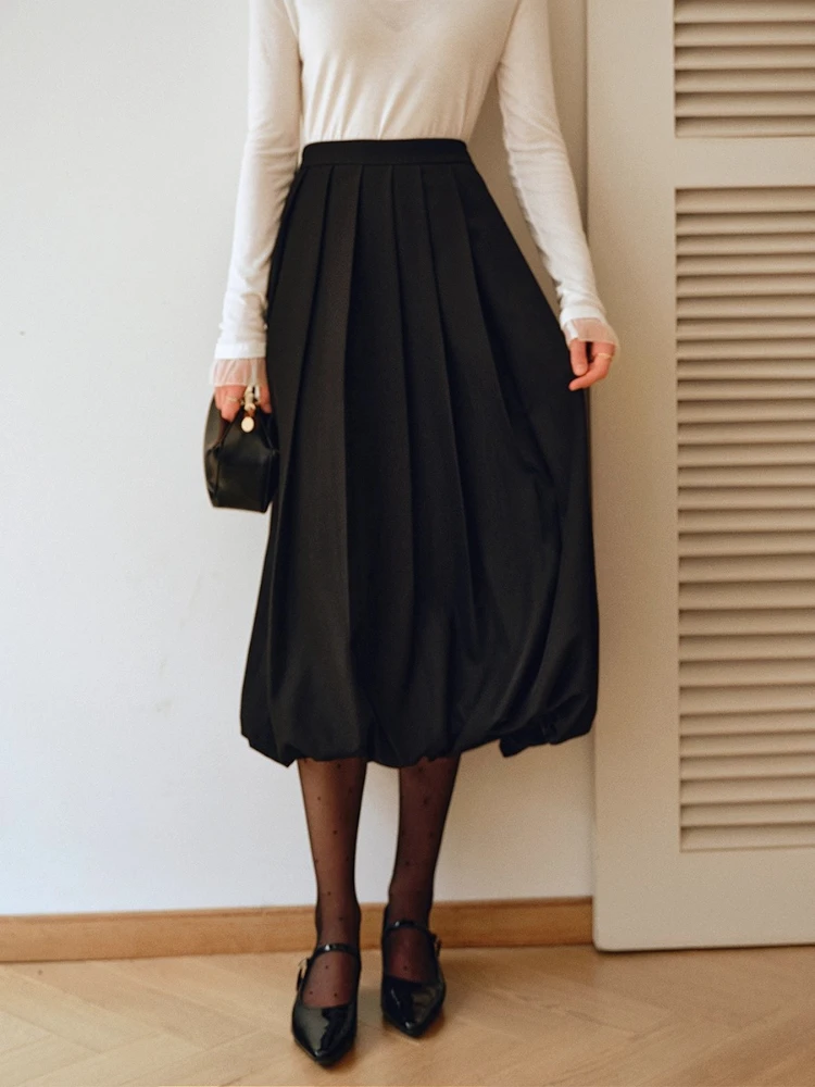 OLrain المرأة برعم تنورة 2025 الخريف جديد في عالية الخصر مطوي ميدي التنانير موضة عادية الصلبة فضفاض تنورة أنيقة O57QB001036