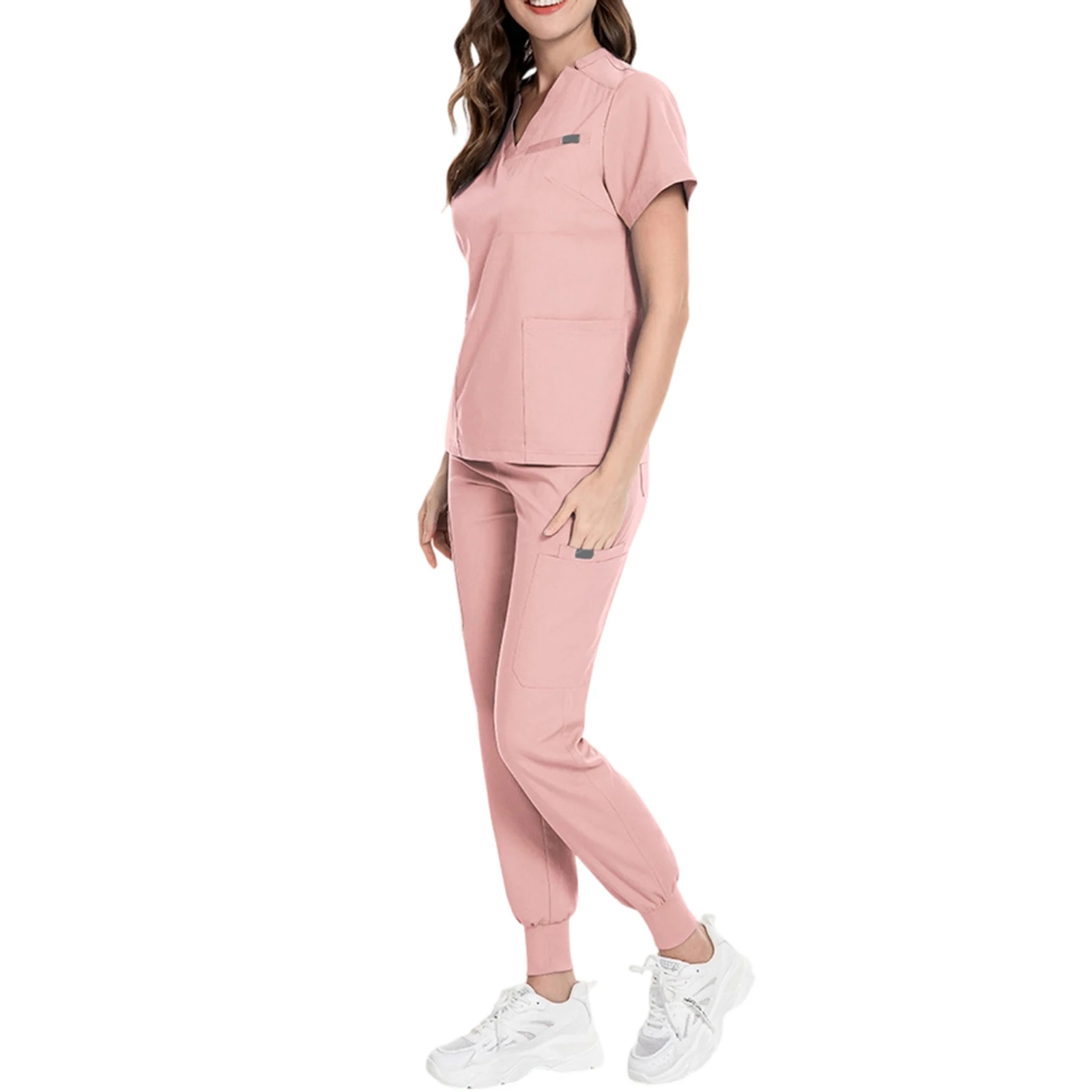 Conjunto de enfermeira feminina com decote em v manga curta multi-cor multi-bolso jogger calças uniforme médico roupas de trabalho de saúde