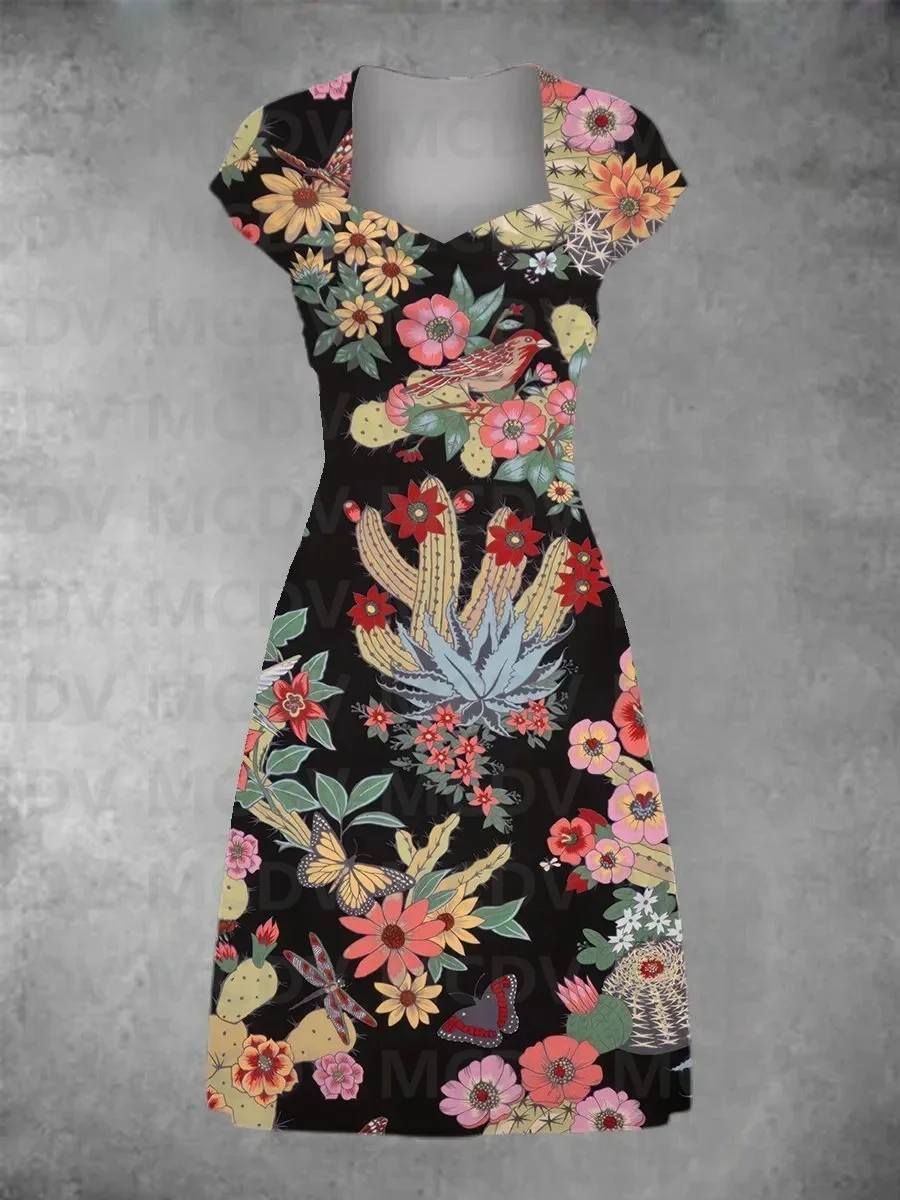 Dames Vintage Matroos Tattoo Print Patchwork Casual Midi Jurk