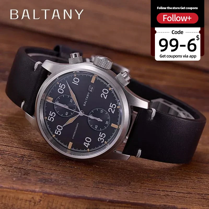 Baltany Solar Watch For Men S6070 10ATM Vintage Luminous Sapphire Crystal AR Coating Military Quartz Pilot Watches Chronograph